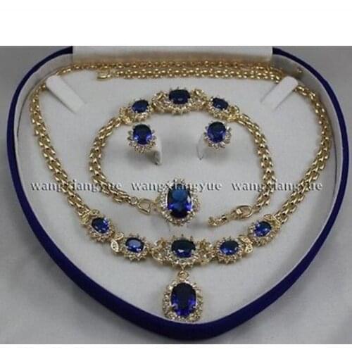 Real Blue Zircon Inlay Link Bracelet earrings Ring Necklace Set new - watch wholesale Quartz stone CZ crystal