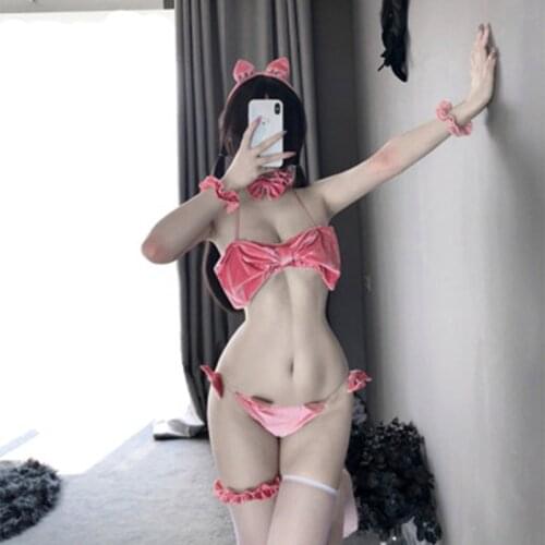 Rio Rainbow Gate Playful Bunny Girl Sexy Lingerie Uniform Temptation Velvet Bow Bikini Nightwear Body Suit With Fishnet Stocking