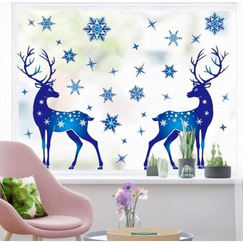 Christmas glue-free static blue snowflake elk stickers window glass bedroom shopping mall wall stickers decorations Winter Home