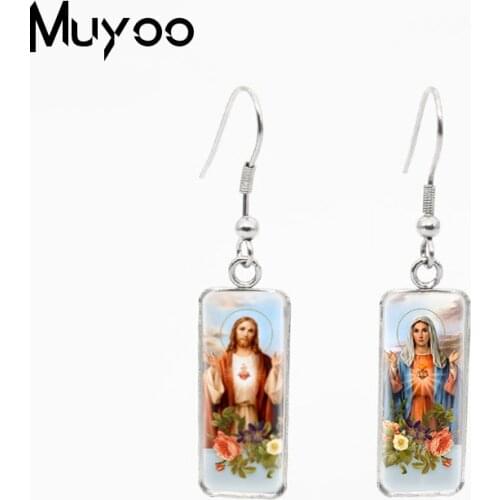 Jesus Christ Mother Mary Rectangle Fish Hook Earrings Jesus and Virgin Mary Jewelry Stainless Steel Fish Hook Earrings