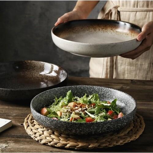 Japanese-style Tableware Large Deep Round Ceramic Plate Home Cooking Plate Fried Rice Plate Creative and Dinnerbeautiful Plates