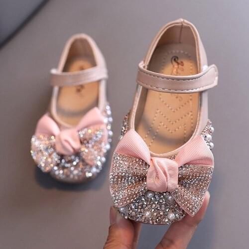 Kids Girls Leather Shoes Autumn Spring Baby Children Pearl Rhinestone Single Bow Princess Shoes for Birthday Christmas Party