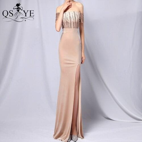 Champagne Evening Dresses Velvet Off Shoulder Prom Gown Side Split Sequin Party Dress Short Sleeves Fading Fitted Formal Gown