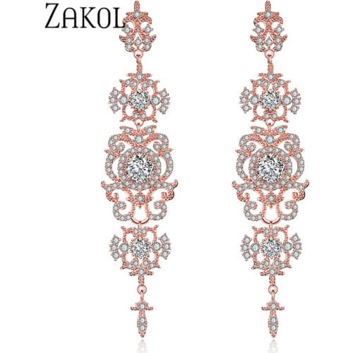 ZAKOL Luxury Vintage CZ Zirconia Crystal Long Dangle Drop Earrings for Women Fashion Bridal Wedding Jewelry FSEP2311