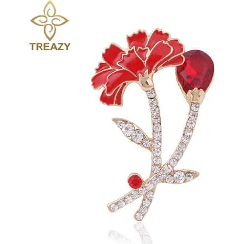 Elegant Red Carnation Pin Brooch Bouquet Rhinestone Enamel Flower Brooches Pins For Women Wedding Dress Accessories Gift
