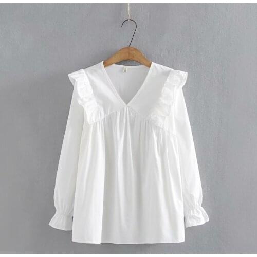 Womens oversize shirt V-Neck flare sleeve ruffles loose tops women 2021 spring autumn Casual white sky blue cream color Blouses