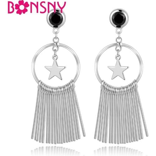 Bonsny Star Round Tassel Cubic Zircon Earrings CZ Zirconia Charms Fashion Jewelry For Women Girls Wedding Party Birthday Gifts