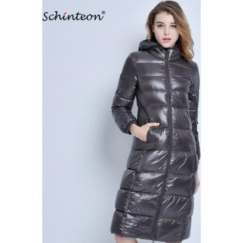 Schinteon New Women Long Down Jacket Winter Warm White Duck Down Outwear with Hood Fashion Slim Coat Windproof