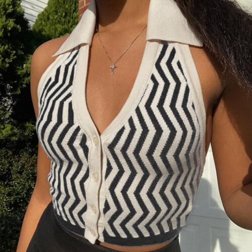 Brown Striped Tank Tops Halter Knit Vest For Women Sexy Backless Fashion 2021Summer Slim Outfits Single-Breast Female