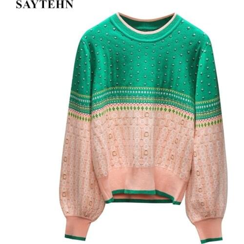 SAYTHEN 2021 Women Jacquard Knit Cropped Sweater Autumn Latern Sleeve Lurex Color Block Pullover Fresh Crop Jumper Sueter Mujer