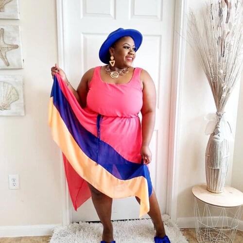 2021 Fashion Plus Size Dress With Sashes For Women Women Summer Dress Patchwork Striped Sleeveless Beach Casual Pink Sundress