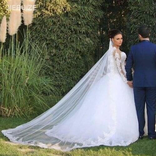 JIERUIZE White Lace Applqiues Long Sleeves Wedding Dresses Ball Gown Lace Up Back Wedding Bridal Gowns estido De Novia