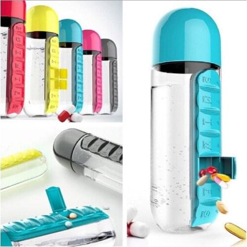 600ml 2 in 1 Pill Box Water Bottle Outdoor 7 Compartments Medicine Organizer With Drinking Bottle Portable Carrying Tablet
