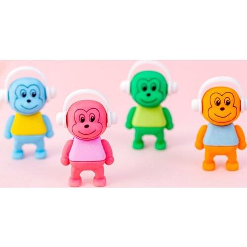 36pc/lot Cartoon earphone monkey animal Eraser/Kindergarten student Stationery for Children/Christmas Creative Gifts
