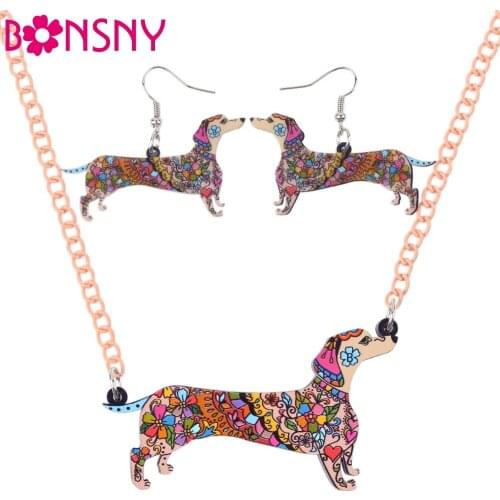 Bonsny Brand Jewelry Sets Acrylic Statement Dachshund Dog Necklace Earrings Choker Collar Fashion Jewelry For Women Girl