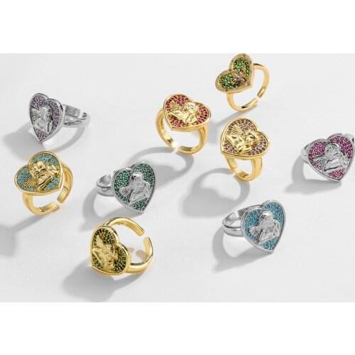 HECH3NG,Colorful CZ Love Heart Angle Ring,Vintage Cupid The Cross Adjustable Ring,For Women Jewelry,Wholesale