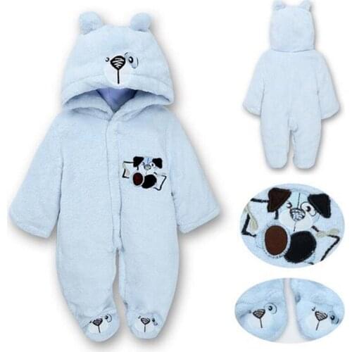 Newborn Baby Girl Rompers Autumn Winter Warm Coral Fleece Clothing Cartoon Dog Hooded Down Snowsuit Infant Boys Jumpsuits