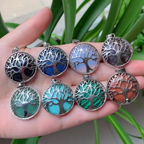 Reiki Healing Round Natural Gem Stone Pendants Chakra Tree Life Amethysts Purple Quartz Lapis Opal Crystal Pendants for Women