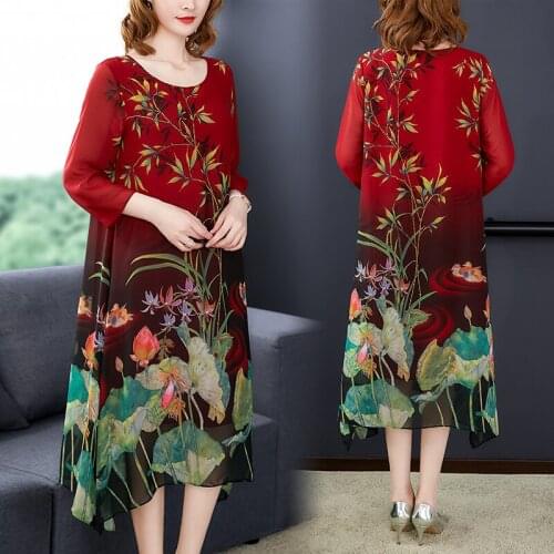 L-4XL Plus size Women dresses 2020 New Imitate silk dress elegant female summer new temperament retro slim print O-neck dresses