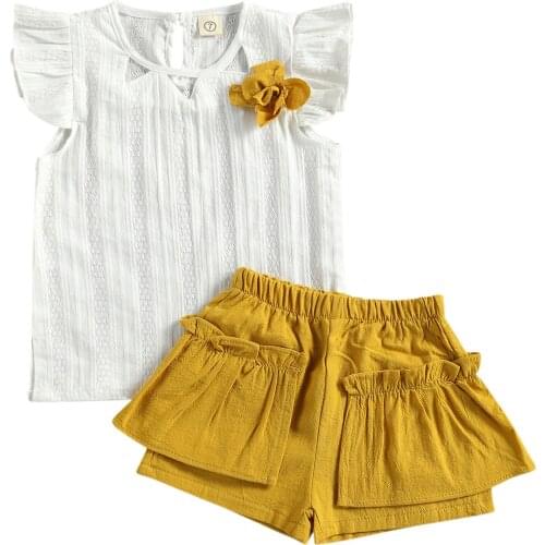 2021 Summer Little Girls Solid Color Suit Short Flying Sleeve Tops and Double-layered Lace Short Pans 2-piece Outfit Hot Sale