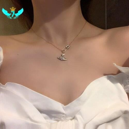 Personality Fashion Planet Rhinestone Paper Clip Pendant Necklace for Women Girl Creative Gold Silver Color Saturn Pin Necklace