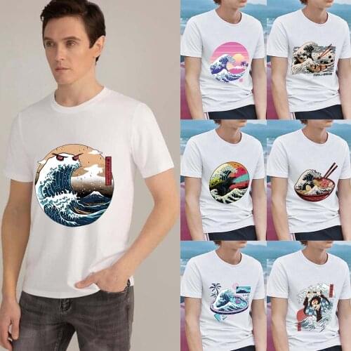 Tshirt Man Harajuku Style Street Style Wave Pattern Series Male Casual Mens Clothes High Quality White Print Short Sleeve Tops