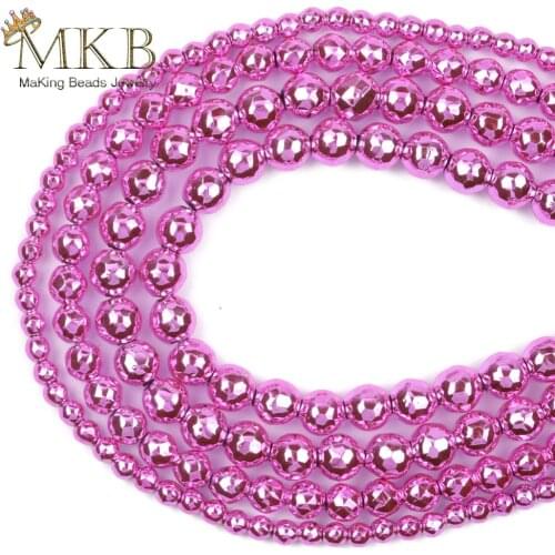 Natural Rose Red Nano Vacuum Plating Faceted Hematite Stone Round Spacer Loose Beads For Jewelry Making 3mm-10mm Diy Bracelet15"