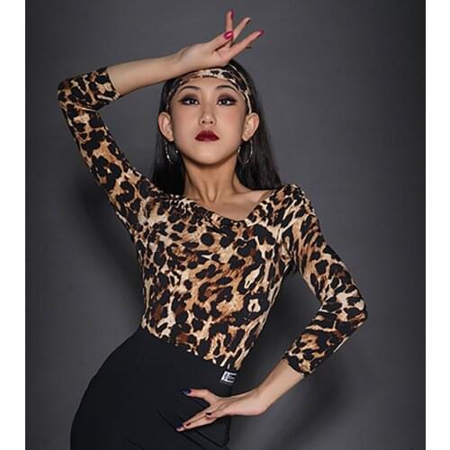 2021 New H6175 Kids Latin Dance Shirt Child Girls Skew Collar Leopard Tops Latin Dancing Cloth Belly Chacha Performance Costume