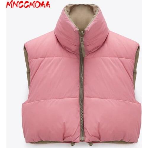 New Spring Autumn Pink Double Sided Jacket Coat Women Fashion Zipper Sleeveless Cotton Outerwear Casual Short Tops Ladies
