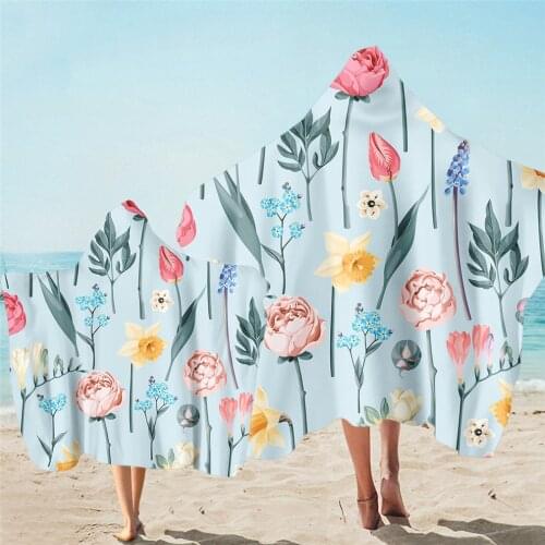 Floral Printed Microfiber Beach Poncho Towel For Adult Kid Absorbent Quick Drying Bath Cape Blanket Outdoor Windproof Surf Towel