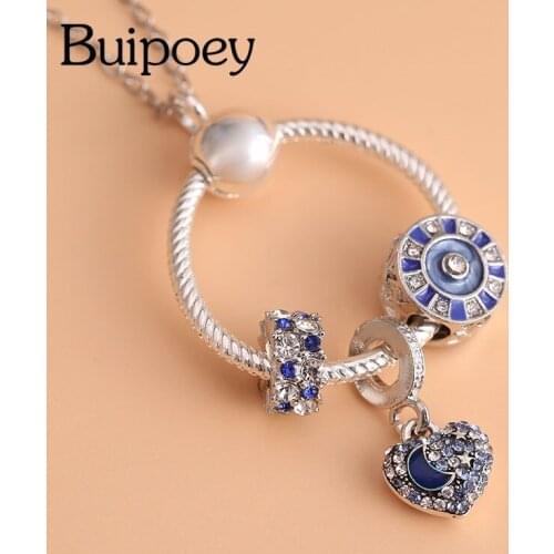 Buipoey Bohemian marine style Pendant Necklace Star Moon Heart Dangle Charm Silver Color Necklace For Women Lovers Party Jewelry