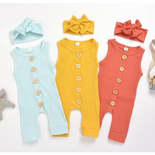 Simple Solid Baby Girl Clothes Rompers Headband Sets 0-24 Months Cool Summer Cotton Outfits for Infants Kids Children Toddler