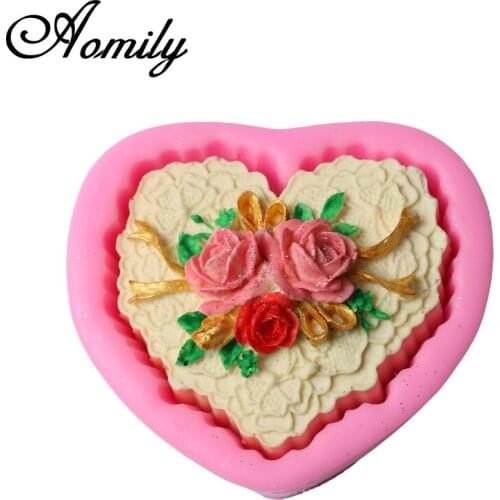 Aomily 3D Heart Love Rose Flowers Silicone Chocolate Mould Soap Mold Candle Polymer Clay Molds Crafts DIY Forms Soap Base Tool