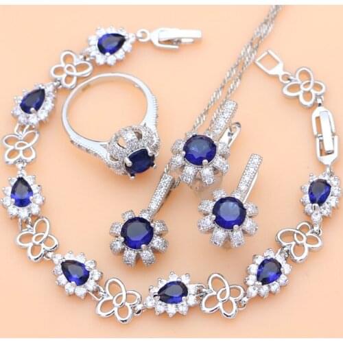 Blue Cubic Zirconia 925 Sterling Silver Bridal Jewelry Sets Docoration Women Wedding Earrings Rings Dropshipping Necklace Set