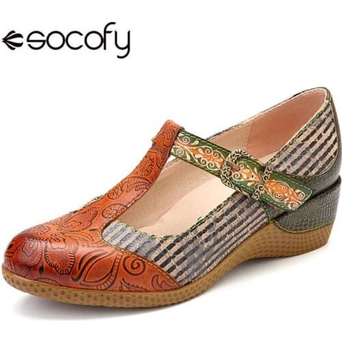SOCOFY Vintage Flowers Pattern Genuine Leather Splicing Black Stripes Comfortable Hook Loop Pumps For Spring New Woman Pumps