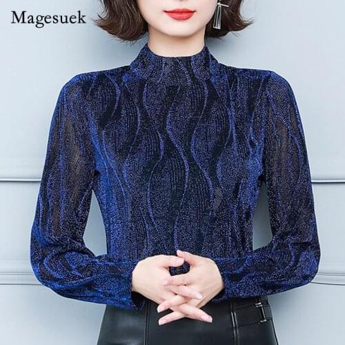 Vintage Autumn Winter 2021 New Mesh Long Sleeve T-shirt Half High Collar Blouse Women Elegant Sexy Splicing Shirt Blusa 16726