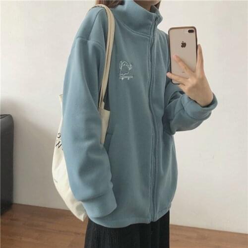 Casual Fleece Thick Hoodies Jacket Autumn Winter Korean Fashion Loose Stand Collar Plush Zipper Sweatshirt Outwear Women Hoodies