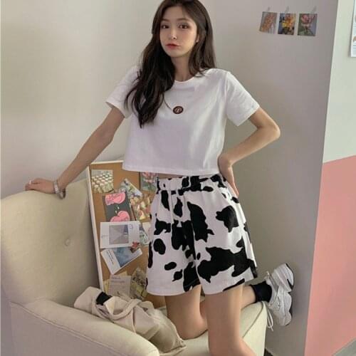 2020 Summer Cow Print Shorts Women High Waist Shorts Harajuku Wide Leg Elastic Girls Casual Solid T shirts and Shorts Set Suit