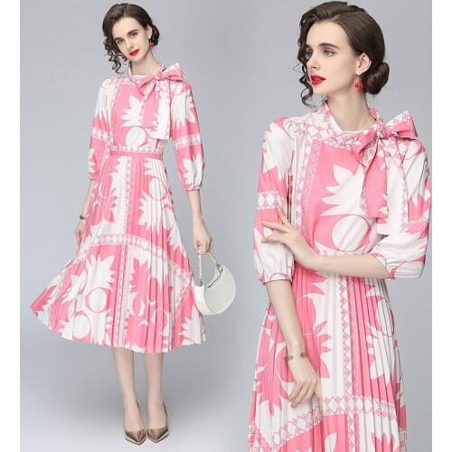 Spring Summer Fall 2pcs Women Casual Party Set Vintage Print Skew Neck Bow Scarf 1/2 Sleeve Top Shirt Blouse Skirt Suits Outfit