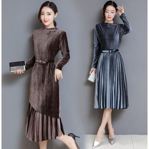 Fashion Irregular Two-piece Suit Gold velvet Dress Women 2020 Spring Autumn Winter Long sleeve Elegant Slim Dress Solid Women