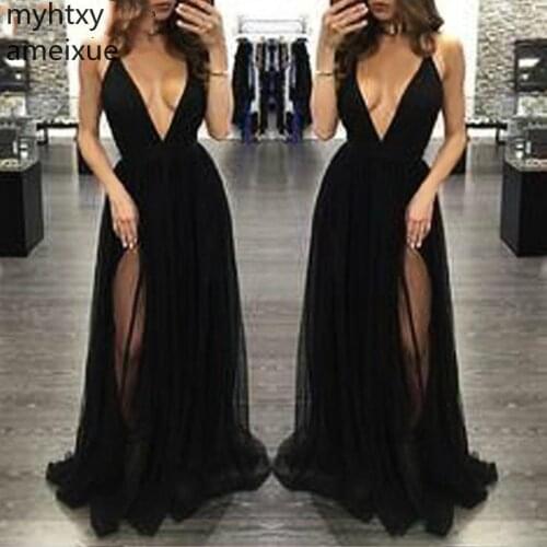 Black Long Sexy Cheap Women 2020 plus size Evening Dresses V-neck A-line Tulle Ruffles Full Sleeve Gowns Special Robe De Soiree