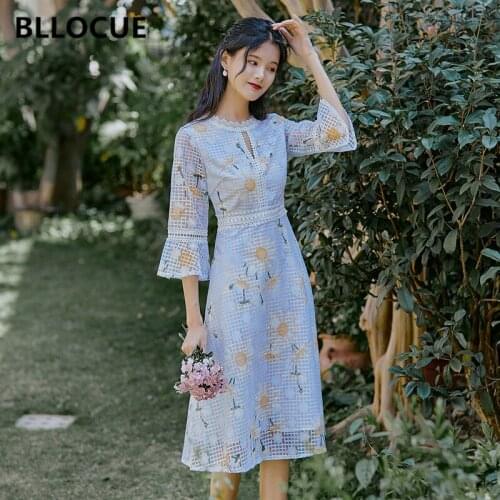 BLLOCUE 2020 Runway Sunflower Print Lace Summer Dress Womens Hollow Out Floral Flare Sleeve Lace Slim A Line Dresses Vestido