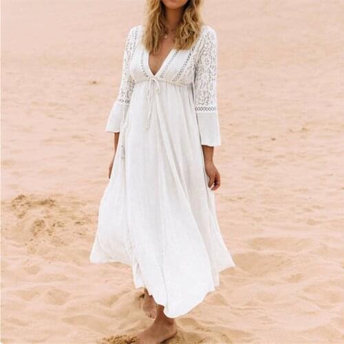 Women Lace Crochet Bikini Cover Up Long Beachwear Pareo Beach Tunic Dress White Sexy Robe Cotton Bathing Suit Kaftan