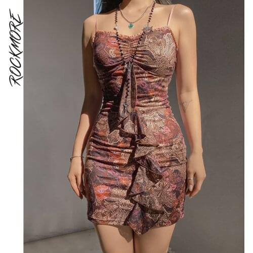 Rockmore Fairy Grunge Print Dress Y2K Aesthetic Spaghetti Strap Womens Dress 2021 Vintage Sexy Backless Party Mini Dresses 90s