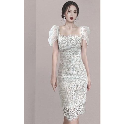 Classic White Square Hubble-bubble Sleeve Evening Gowns for Women Elegant Knee Length Printed Simple Prom Dresses