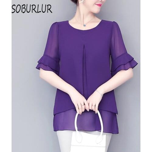 Short Sleeve Blouses Women Two Tiers Chiffon Summer Blouse Plus Size Solid Tops O-neck Loose Casual Oversize Black Female Shirts