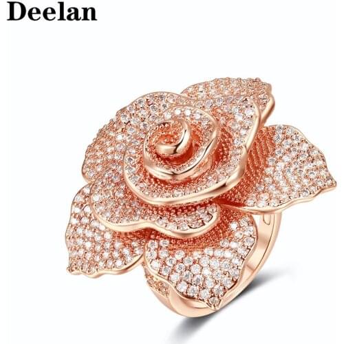 Deelan Women Rose Flower-Rings Jewelry Charming Christmas New Year Party Jewelry Rose Gold Color Finger Ring For Women Wholesale