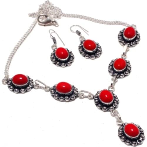 Coral Necklace Earing Silver Overlay over Copper , 47cm, FRN0017