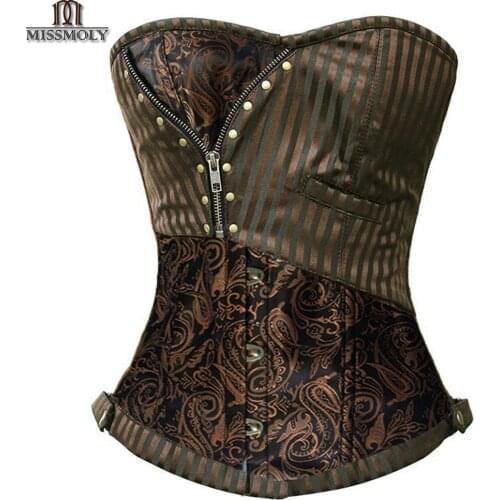 Miss Moly Steampunk Corset Gothic Bustiers Boned Zipper Brown Top Woman Tummy Slimming Sheath Modeling Shapewear Body Shaper