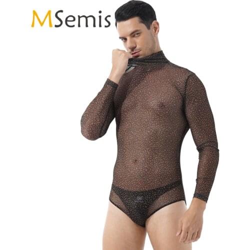 Mens Lingerie See-through Mesh Rompers Leotard Fashion Leopard Print Turtleneck Bodysuit Long Sleeve Transparent Sexy Clubwear